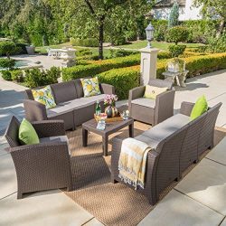 Jaimaca Outdoor 5 Piece Brown Faux Wicker Rattan Style Chat Set with Sofa and Mixed Beige Water  ...