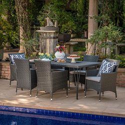 Bevern | 7 Piece Outdoor Wicker Rectangular Dining Set with Cushions | in Grey/Silver