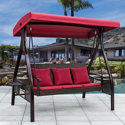 Sundale Outdoor Deluxe Wicker Porch Swing Canopy Sling Chair 3 Seats with Steel Frame Patio Back ...