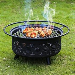 Kinbor 30-Inch Portable Folding Wood Burning Openwork Backyard Patio Garden Fire Pit with Cookin ...