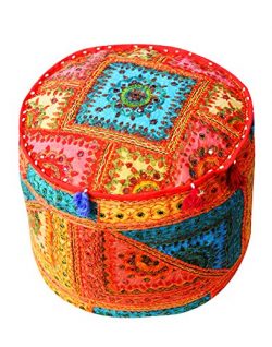 Embroidered Indian Mirror work Ottoman Pouf Cover Home Décor Living Room Foot Stool Chair Cotton ...