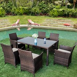 Merax 7 Pieces Outdoor Dining Set with Glass Top PE Wicker Rattan Patio Garden Furniture Set