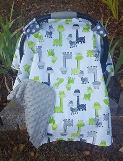 Green and Grey Giraffe Minky Carseat Canopy- Car seat canopy, carseat cover, baby boy carseat ca ...