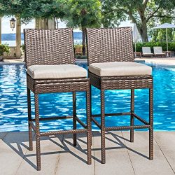 Sundale Outdoor 2 Pcs All Weather Patio Furniture Brown Wicker Barstool with Cushions, Beige