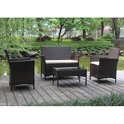 VIVA HOME On Patio Furniture Ratten Dining Sets 4PCS With Beige Cushion, Outdoor Wicker Sofa