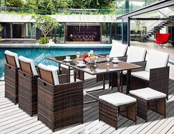 Leisure Zone 11-Piece Outdoor Rattan Wicker Patio Dining Table Set Garden Outdoor Patio Furnitur ...