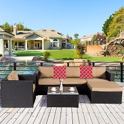 Cloud Mountain 6 Piece Rattan Wicker Furniture Set Outdoor Patio Garden Sectional Sofa Set Cushi ...