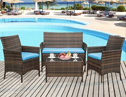 Leisure Zone 4 PCS Patio Furniture Set Outdoor Garden Conversation Wicker Sofa Set (Blue Cushion)