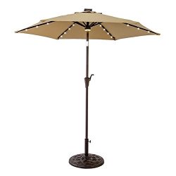 FLAME&SHADE 7.5 ft LED Outdoor Patio Market Umbrella with Crank Lift, Push Button Tilt, Beige