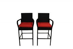 Outdoor Patio Furniture Rattan Black Wicker Cushioned Barstool Set（Orange Cushions,Set of 2