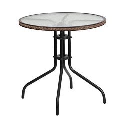 Flash Furniture 28” Round Tempered Glass Metal Table with Dark Brown Rattan Edging