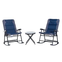 Outsunny 3-Piece Folding Outdoor Rocking Chair and Table Set – Blue and Grey