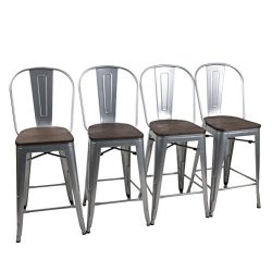 Yongchuang Metal Counter Bar Stool for Indoor-Outdoor(Pack of 4) (24″, Silver Wood High Back)