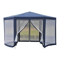 Outsunny Outdoor Hexagon Party Gazebo with Cathedral Style Roof Mesh Side Walls – Blue