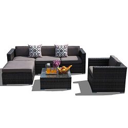 PATIOROMA Outdoor Furniture Sectional Sofa Set (6-Piece Set) All-Weather Dark Grey Wicker with C ...
