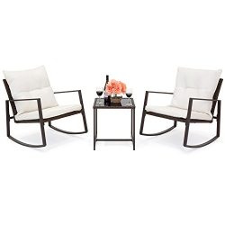 Best Choice Products 3-Piece Patio Wicker Bistro Furniture Set w/2 Rocking Chairs, Glass Side Ta ...