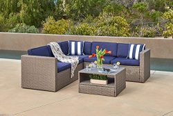 Solaura Outdoor 4-Piece Sofa Sectional Set All Weather Warm Grey Wicker with Nautical Navy Blue  ...