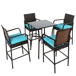 Kinbor Patio Bar Height Chairs+ Bar Square Table Wicker Rattan Outdoor Tempered Glass As Dinning ...