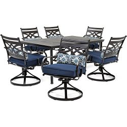 Hanover MCLRDN7PCSQSW6-NVY Montclair 7-Piece Set Blue with 6 Swivel Rockers and a 40″ x 67 ...