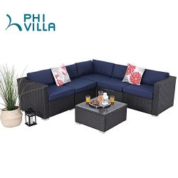 PHI VILLA 6-Piece Outdoor Rattan Sectional Sofa- Patio Wicker Furniture Set,Blue