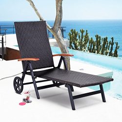 TANGKULA Wicker Chaise Folding Back Adjustable Aluminum Rattan Lounger Recliner Chair W/Wheels Brown