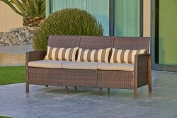 Solaura Outdoor Furniture Patio Sofa (Seats 3), All Weather Brown Wicker with Light Brown Waterp ...