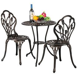 Yaheetech 3 Piece Bronze Patio Set Outdoor Patio Furniture Tulip Design Setting Cast Bistro Tabl ...