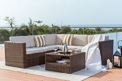 Solaura Outdoor 4-Piece Sofa Sectional Set All Weather Brown Wicker with Beige Waterproof Cushio ...