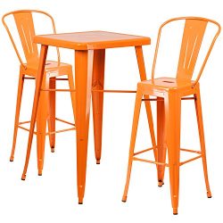 Flash Furniture 23.75” Square Orange Metal Indoor-Outdoor Bar Table Set with 2 Stools with ...