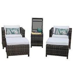 PATIOROMA Patio Furniture Sofa (5-Piece) All-Weather Grey Wicker Furniture with White Back Cushi ...