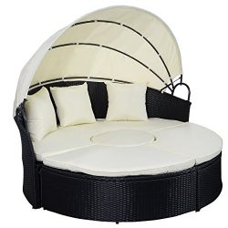 TANGKULA Patio Furniture Outdoor Round Bed with Retractable Canopy Wicker Rattan Round Daybed (5 ...