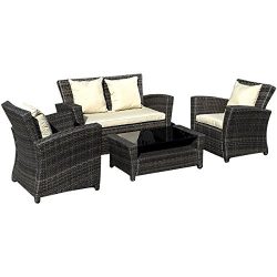 TANGKULA 4 Piece Outdoor Furniture Set Patio Deck Backyard Garden All Weather Wicker Rattan with ...