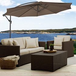 UBRTools 10′ Ft Hanging Umbrella Patio Sun Shade Offset Outdoor Market W/ Cross Base Tan