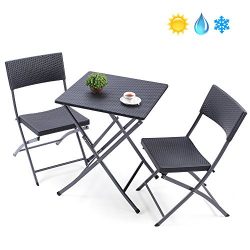 TAVR Outdoor PE Rattan Furniture Foldable Patio Square Table and Chairs, Small Garden 3-piece Bi ...