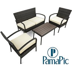 Pamapic Outdoor 4Piece Patio Furniture Sets 【PS Board Table】, Black PE Rattan Wicker Sofa and  ...