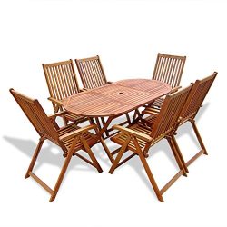 Festnight 7 Piece Wooden Outdoor Dining Set with 6 Adjustable Chairs, Natural wood