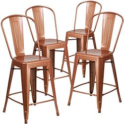 Flash Furniture 4 Pk. 24” High Copper Metal Indoor-Outdoor Counter Height Stool with Back