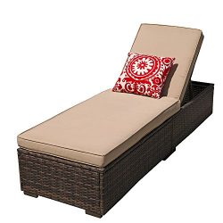 PATIOROMA Outdoor Adjustable Pool Rattan Chaise Lounge Chair with Cushion, Espresso Brown PE Wic ...