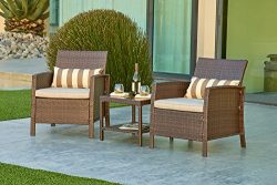 Solaura Outdoor Furniture 3-Piece Bistro Set All Weather Brown Wicker with Light Brown Waterproo ...