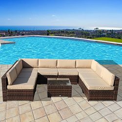 Patio Furniture Sectional Sofa 9 Piece All-Weather Brown Wicker Rattan with Beige Cushions & ...