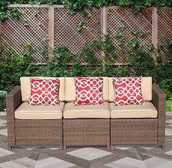 PATIOROMA 3-Seater Seating Patio Furniture Sofa All-Weather Brown PE Wicker Furniture with Beige ...