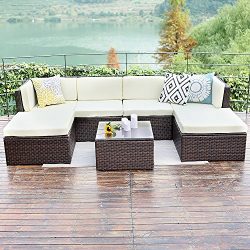 Wisteria Lane Outdoor patio furniture sets, 7 PC Wicker Sofa Set Garden Rattan Sofa Cushioned Se ...