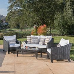 Stonewell Outdoor 4 Piece Black Wicker Chat Set with White Water Resistant Cushions