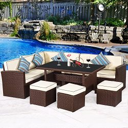 Cloud Mountain 7 PC Patio Wicker Rattan Dining Set Outdoor Garden Lawn Conversation Furniture Se ...