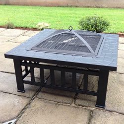 FCH 32″ Metal Fire Pit Outdoor Backyard Patio Garden Square Stove Brazier with Charcoal Ra ...