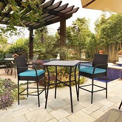 Kinbor Patio Bar Height Chairs+ Bar Square Table Wicker Rattan Outdoor Tempered Glass As Dinning ...