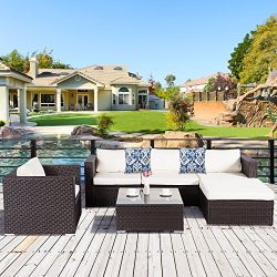 Cloud Mountain 6 Piece Rattan Wicker Furniture Set Outdoor Patio Garden Sectional Sofa Set Cushi ...