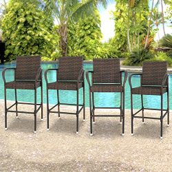 ZENY Set of 4 Wicker Bar Stool, Solid Patio Outdoor Pool Furniture Backyard Chair w/Bulit-in Arm ...