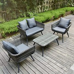 Pamapic 4 Piece Outdoor Patio Wicker Furniture Sets with Cushions 【Unique Design with Round Rat ...