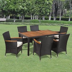 Festnight 7PCS Outdoor Garden Dining Set Poly Rattan, Wicker Dining Table and Chairs with Soft C ...